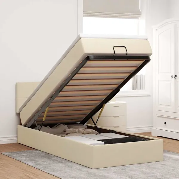 Cadre de lit ottoman avec matelas crème 90x190 cm tissu