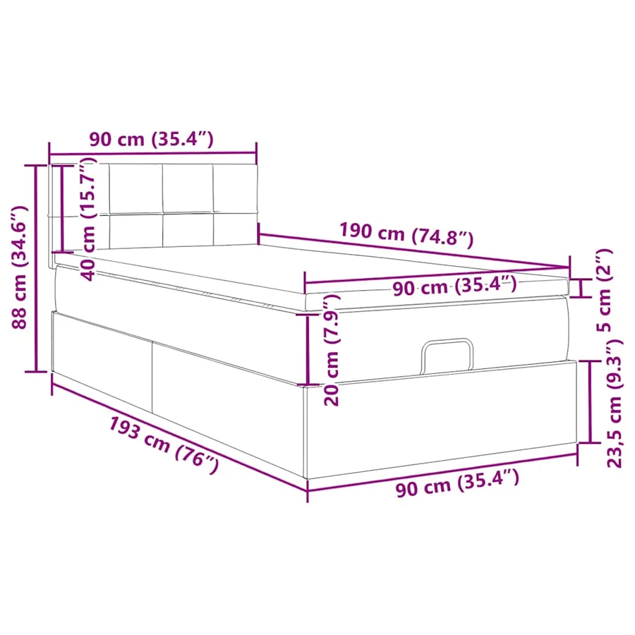 Cadre de lit ottoman avec matelas crème 90x190 cm tissu - 18