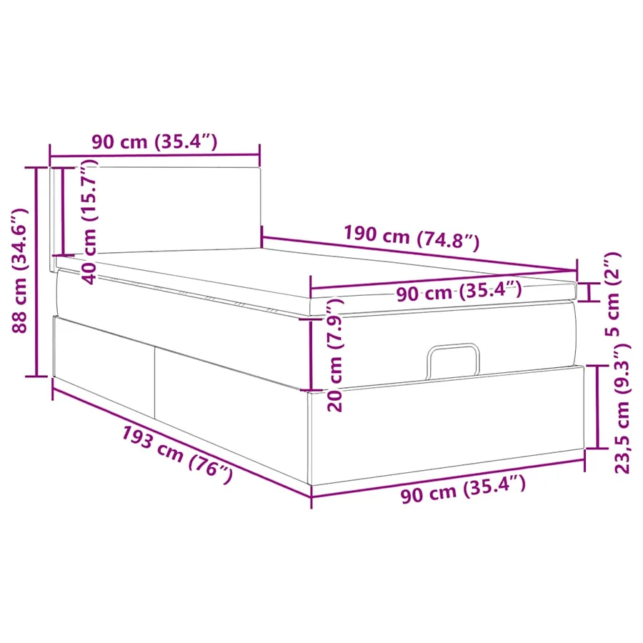 Cadre de lit ottoman avec matelas crème 90x190 cm tissu - 18