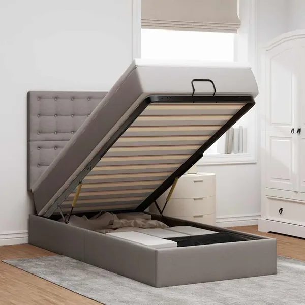 Cadre de lit ottoman avec matelas taupe 90x190 cm tissu