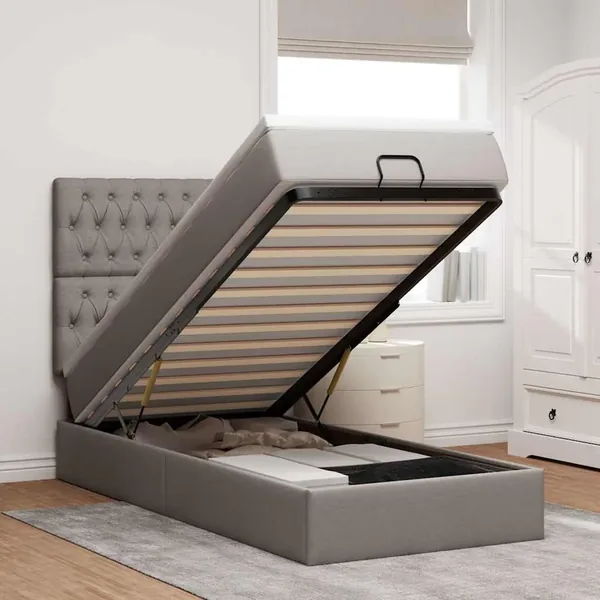 Cadre de lit ottoman avec matelas taupe 90x190 cm tissu