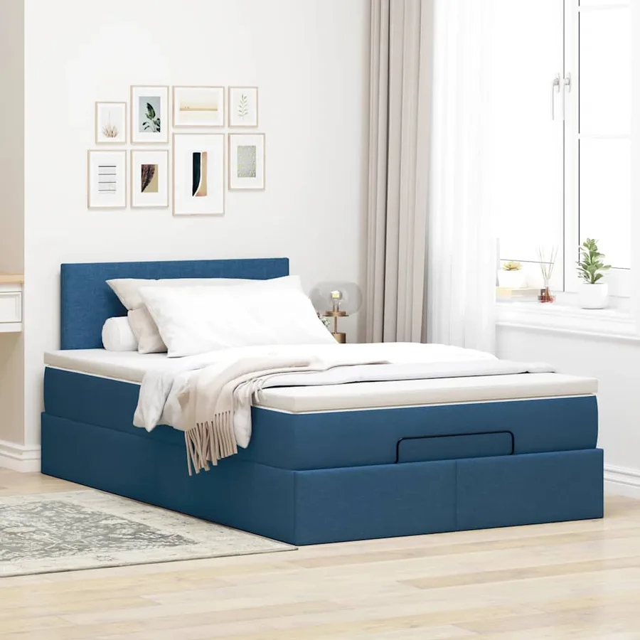 Cadre de lit ottoman avec matelas bleu 120x190 cm tissu - 3