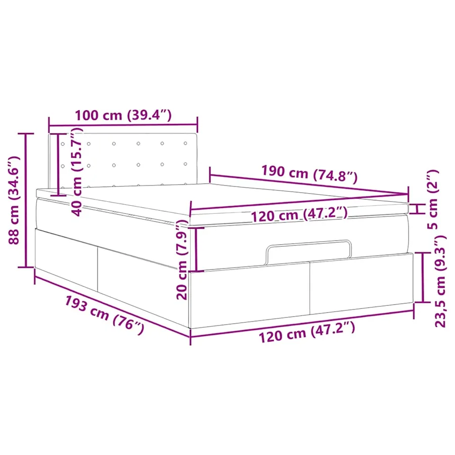 Lit ottoman avec matelas et LED crème 120x190 cm tissu - 18
