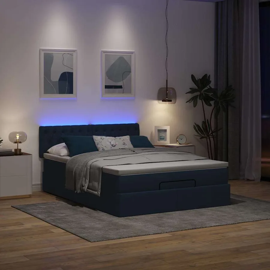 Cadre de lit ottoman avec matelas bleu 140x200 cm tissu - 3