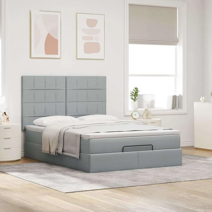 Cadre de lit ottoman et matelas gris clair 140x200 cm tissu - 3