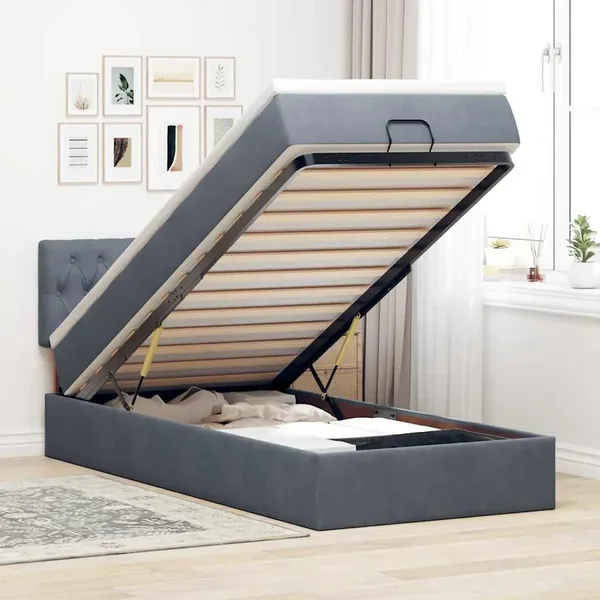 Cadre de lit ottoman avec matelas gris foncé 90x190 cm velours