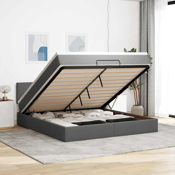 Cadre de lit ottoman avec matelas gris foncé 160x200cm tissu