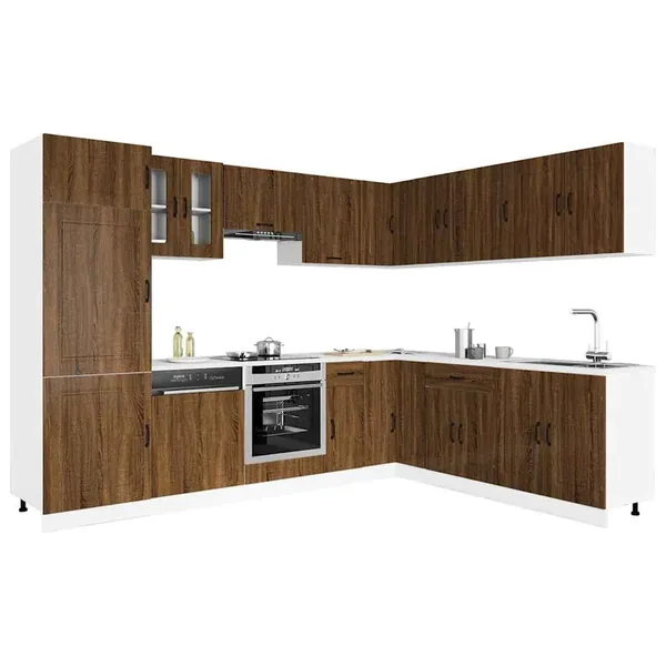 Ensemble de 14 meubles de cuisine en bois d'ingénierie "Kalmar" en chêne brun