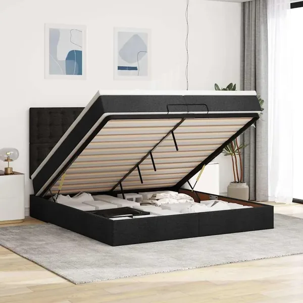 Cadre de lit ottoman avec matelas noir 200x200cm tissu