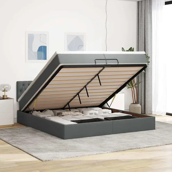 Cadre de lit ottoman avec matelas gris foncé 200x200cm tissu