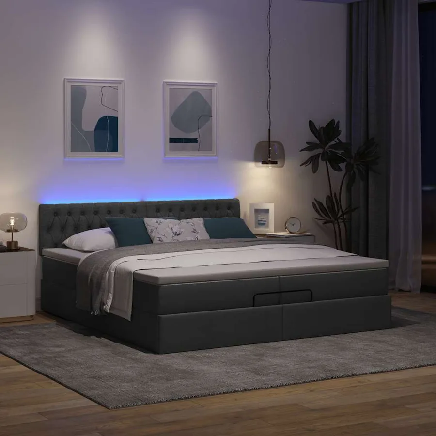 Cadre de lit ottoman avec matelas gris foncé 200x200cm tissu - 3