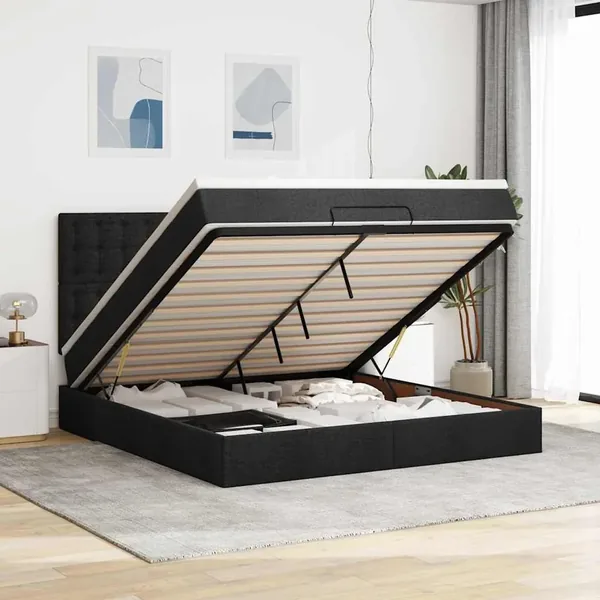 Cadre de lit ottoman avec matelas noir 180x200 cm tissu