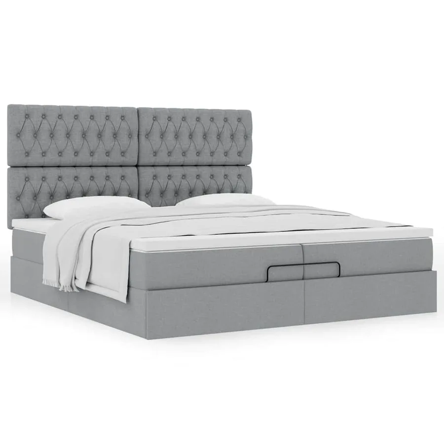 Cadre de lit ottoman et matelas gris clair 200x200cm tissu - 5