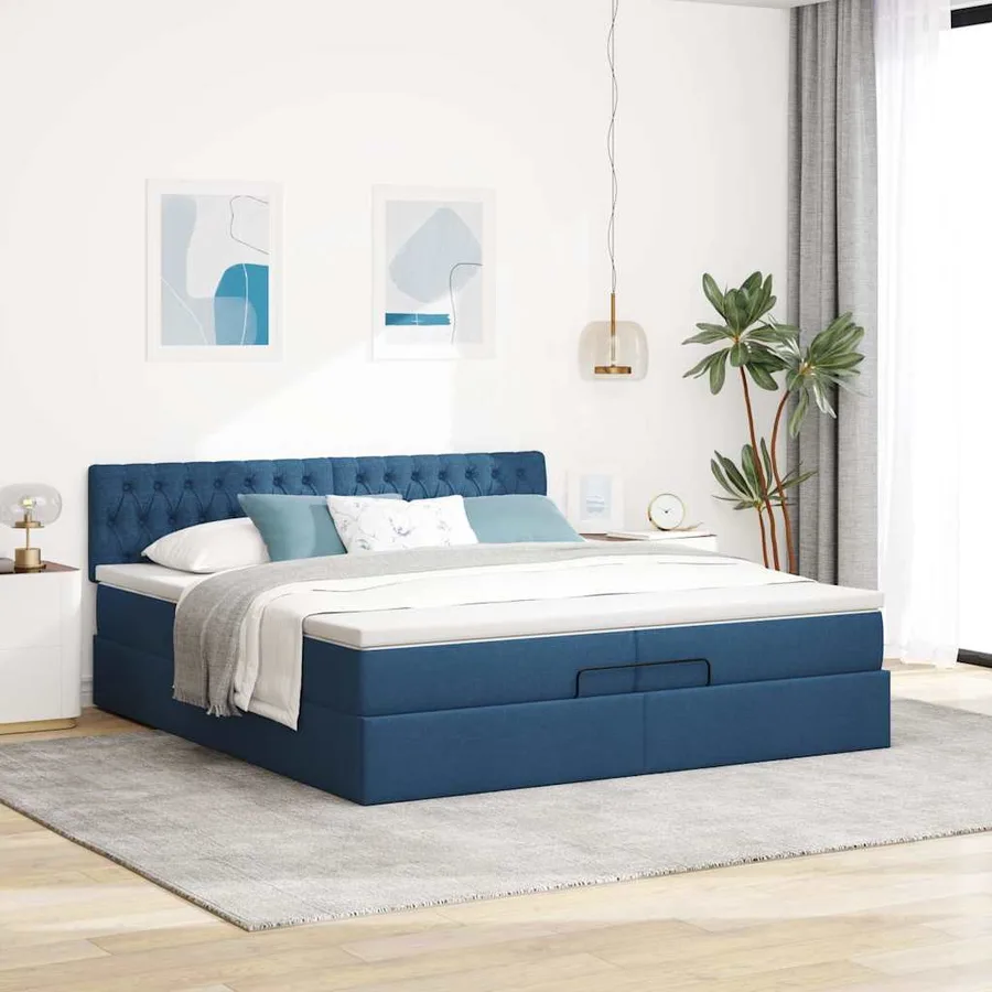 Cadre de lit ottoman avec matelas bleu 200x200cm tissu - 5