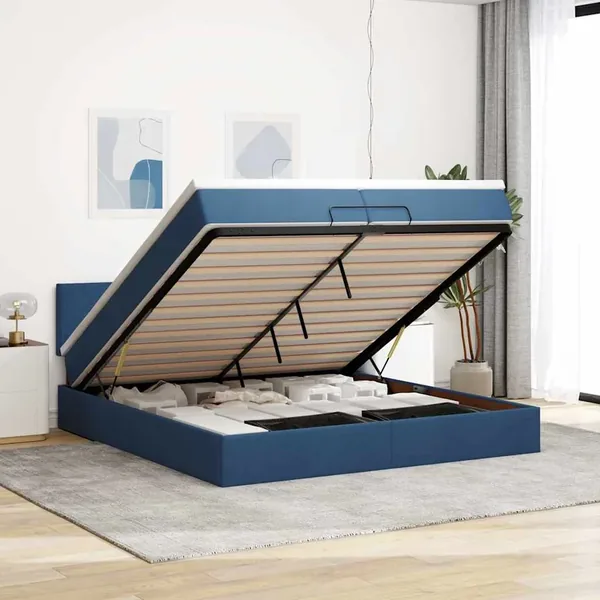 Cadre de lit ottoman avec matelas bleu 200x200cm tissu
