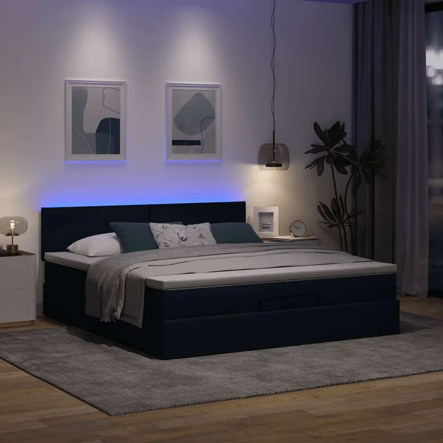 Cadre de lit ottoman avec matelas bleu 200x200cm tissu - 3