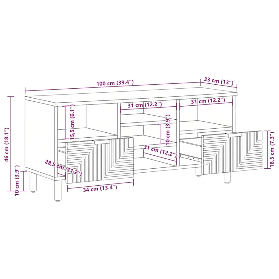 Meuble TV marron 100x33x46 cm bois massif de manguier - 11