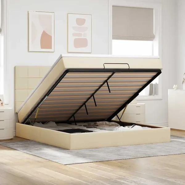 Cadre de lit ottoman avec matelas crème 180x200 cm tissu