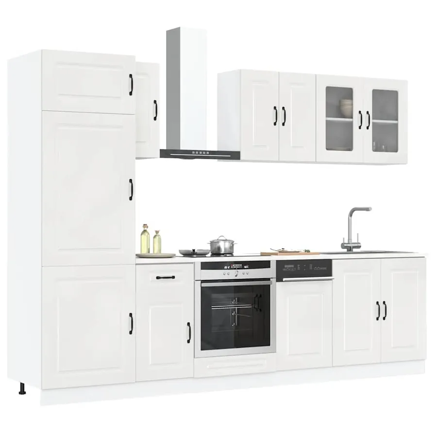 Ensemble de 8 meubles de cuisine "Kalmar" en bois d'ingénierie blanc brillant
