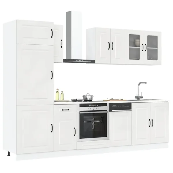 Ensemble de 8 meubles de cuisine "Kalmar" en bois d'ingénierie blanc brillant