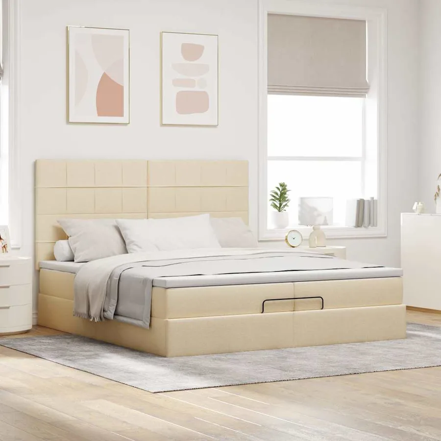 Cadre de lit ottoman avec matelas crème 200x200cm tissu - 4