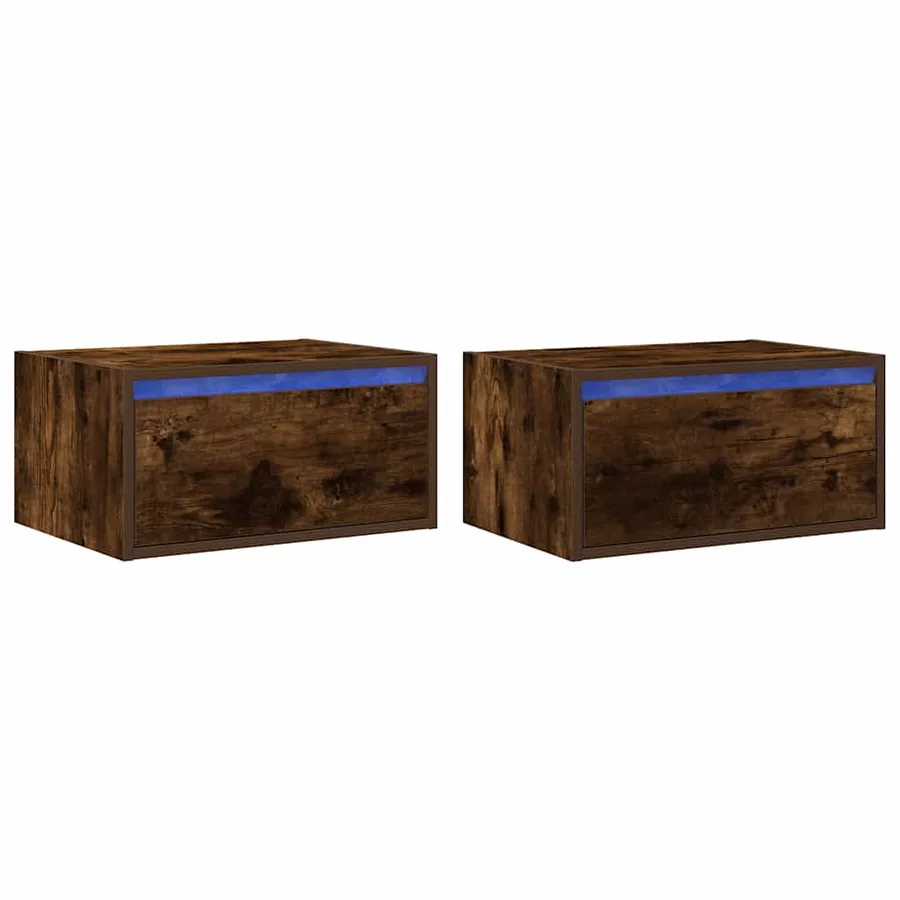 Tables de chevet murales avec lumières LED 2 pcs chêne fumé - 2