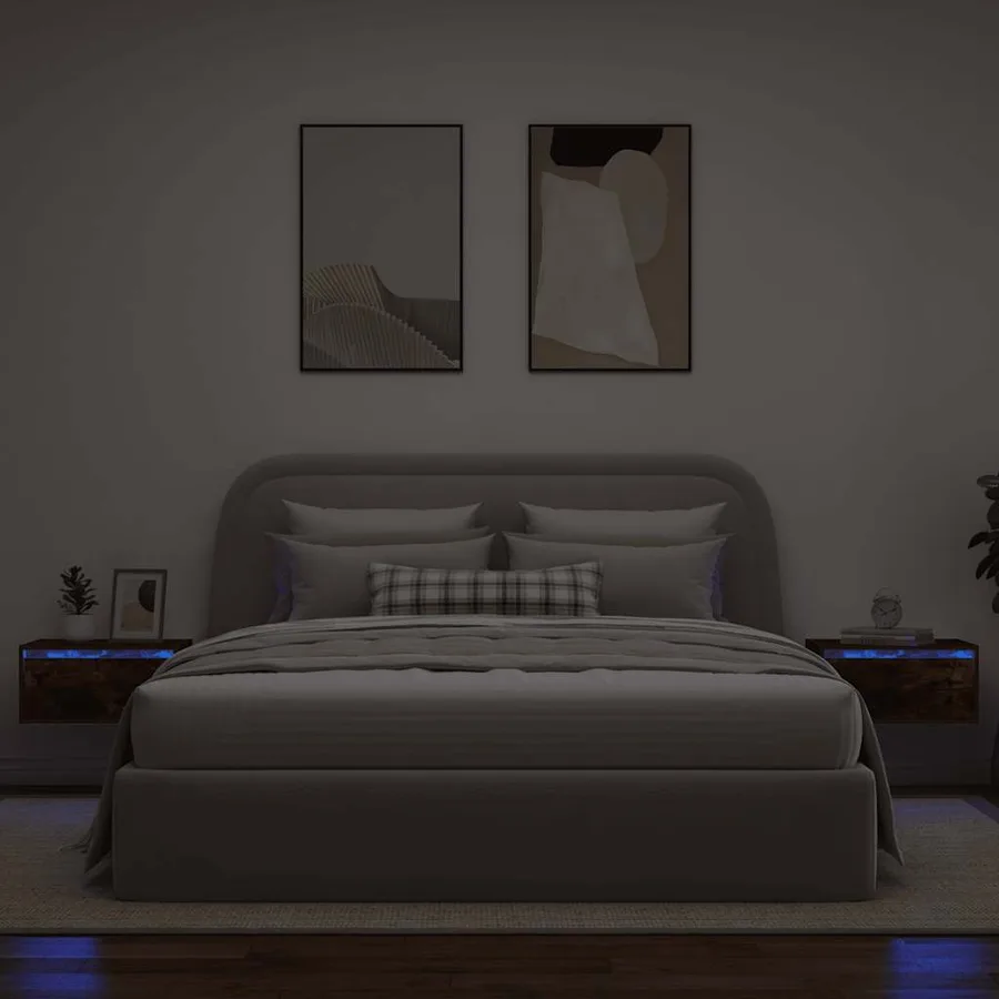 Tables de chevet murales avec lumières LED 2 pcs chêne fumé - 5