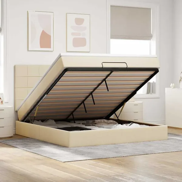 Cadre de lit ottoman avec matelas crème 160x200 cm tissu