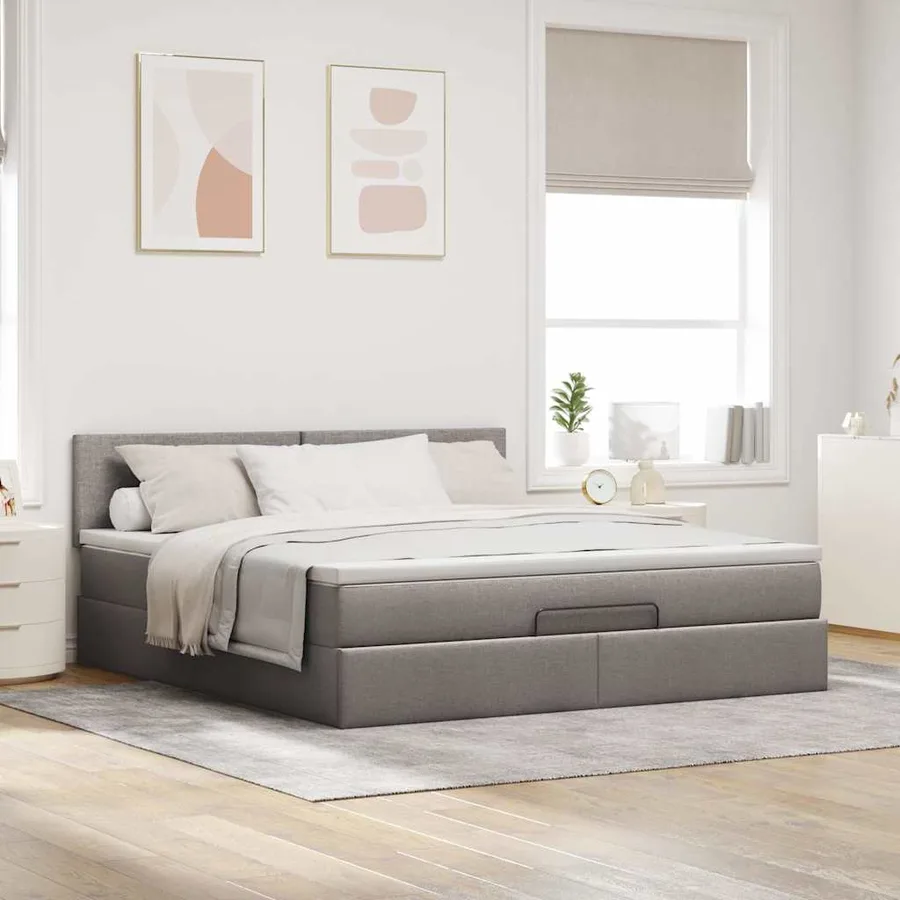 Cadre de lit ottoman avec matelas taupe 160x200 cm tissu - 4