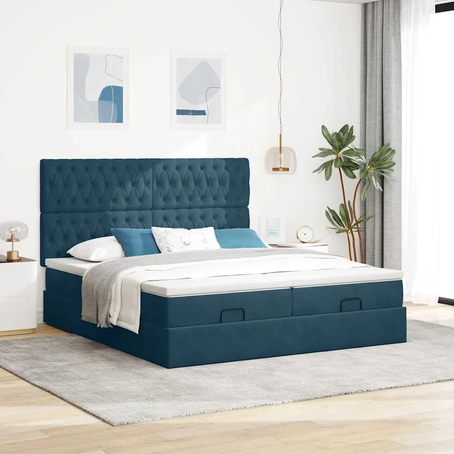 Cadre de lit ottoman avec matelas bleu foncé 160x200 cm velours - 3