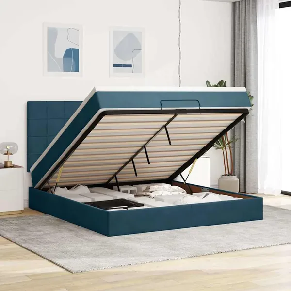 Cadre de lit ottoman avec matelas bleu foncé 180x200 cm velours
