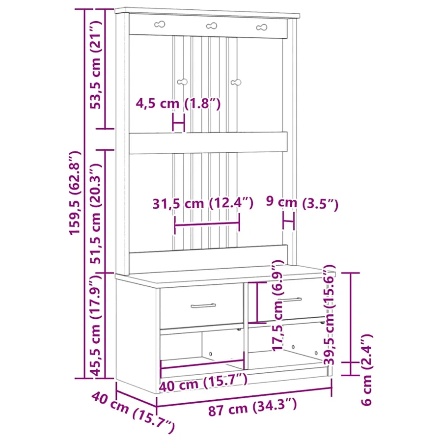 Portemanteau SANDNES 87x40x159,5 cm bois massif pin - 12