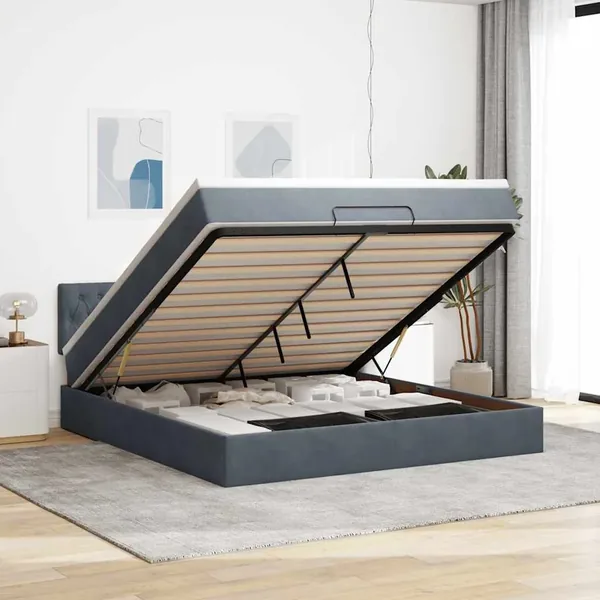Cadre de lit ottoman avec matelas gris foncé 160x200 cm velours