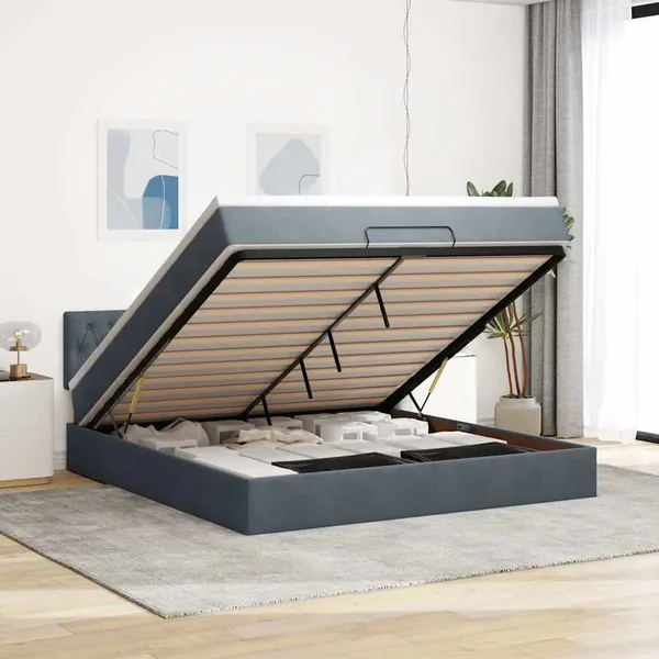 Cadre de lit ottoman avec matelas gris foncé 160x200 cm velours
