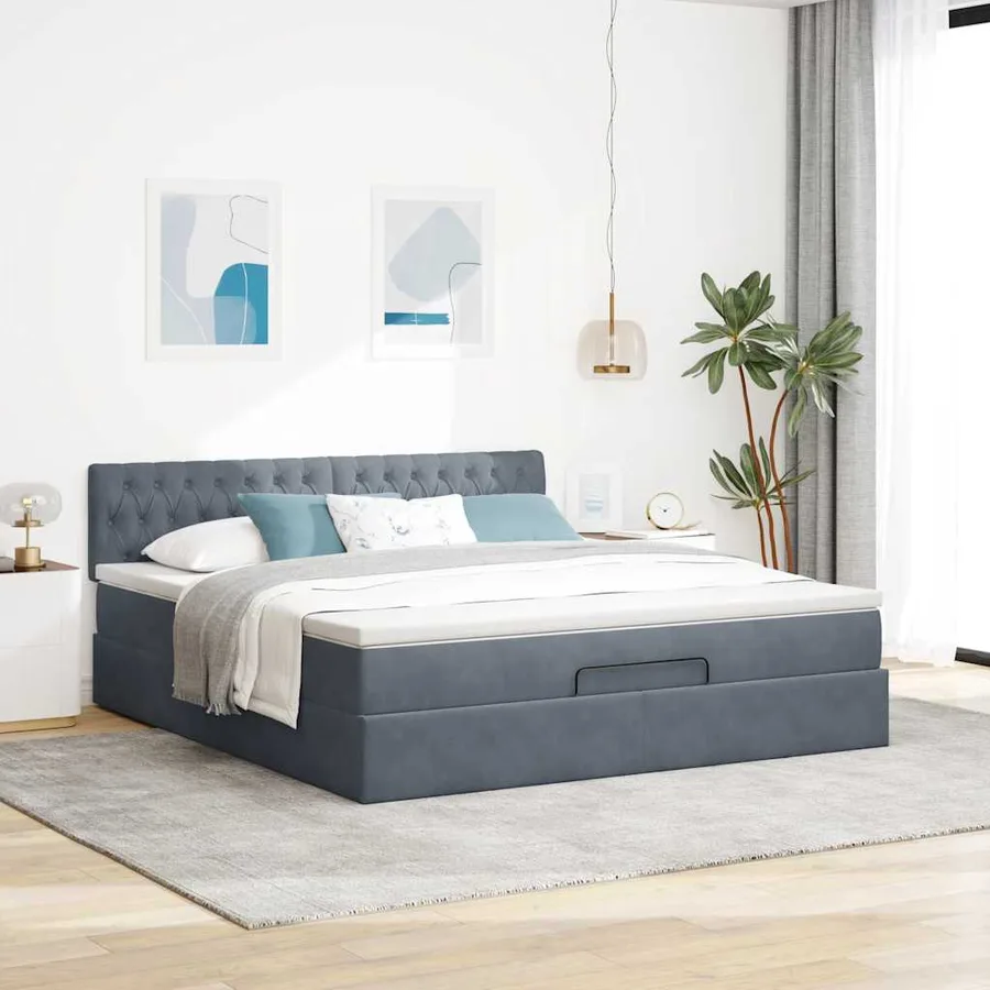 Cadre de lit ottoman avec matelas gris foncé 160x200 cm velours - 3