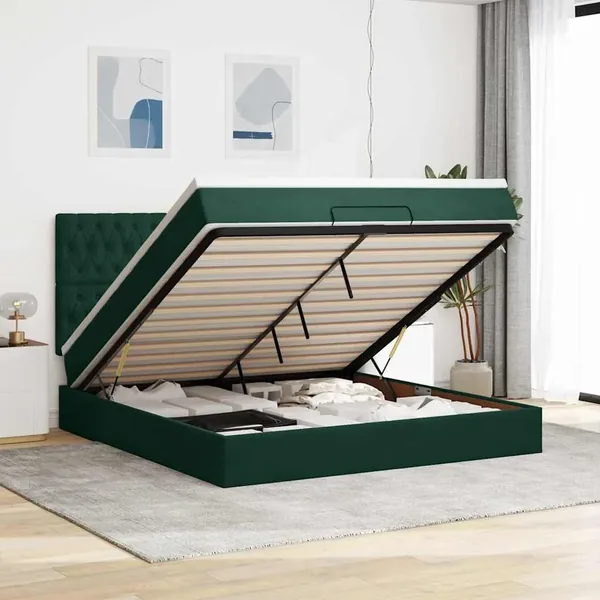 Cadre de lit ottoman avec matelas vert foncé 160x200 cm velours
