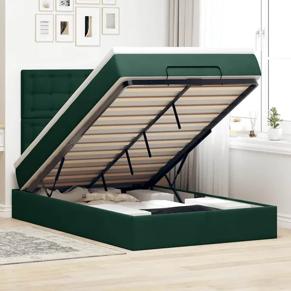 Cadre de lit ottoman avec matelas vert foncé 120x200 cm velours