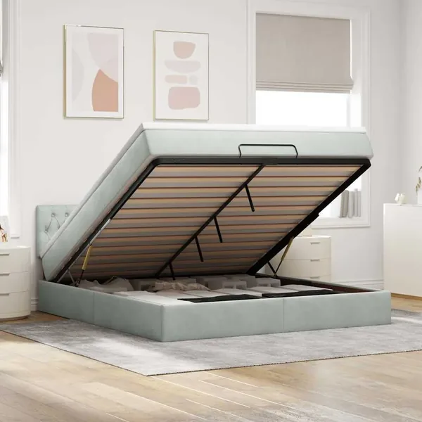 Cadre de lit ottoman avec matelas gris clair 180x200 cm velours