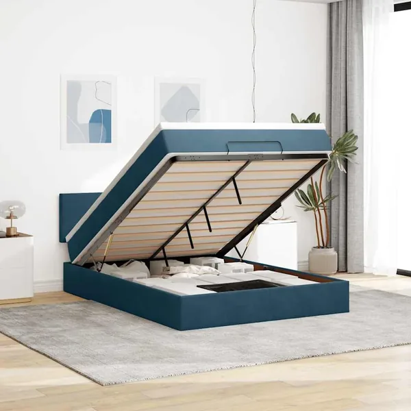 Cadre de lit ottoman avec matelas bleu foncé 140x190 cm velours