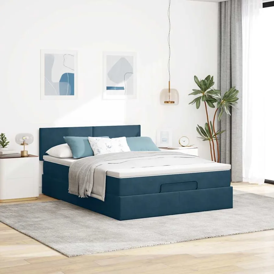 Cadre de lit ottoman avec matelas bleu foncé 140x190 cm velours - 4