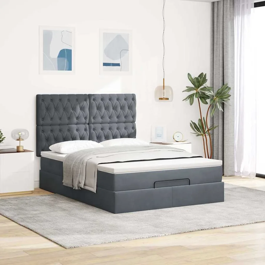 Cadre de lit ottoman avec matelas gris foncé 140x190 cm velours - 3