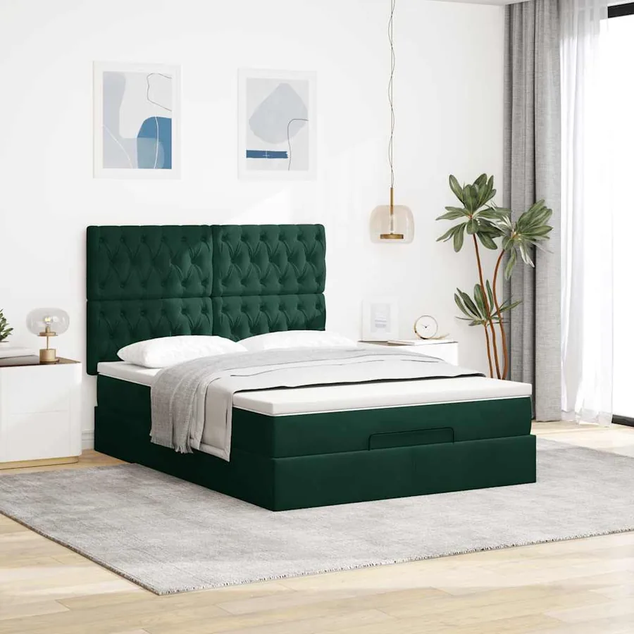 Cadre de lit ottoman avec matelas vert foncé 140x190 cm velours - 4
