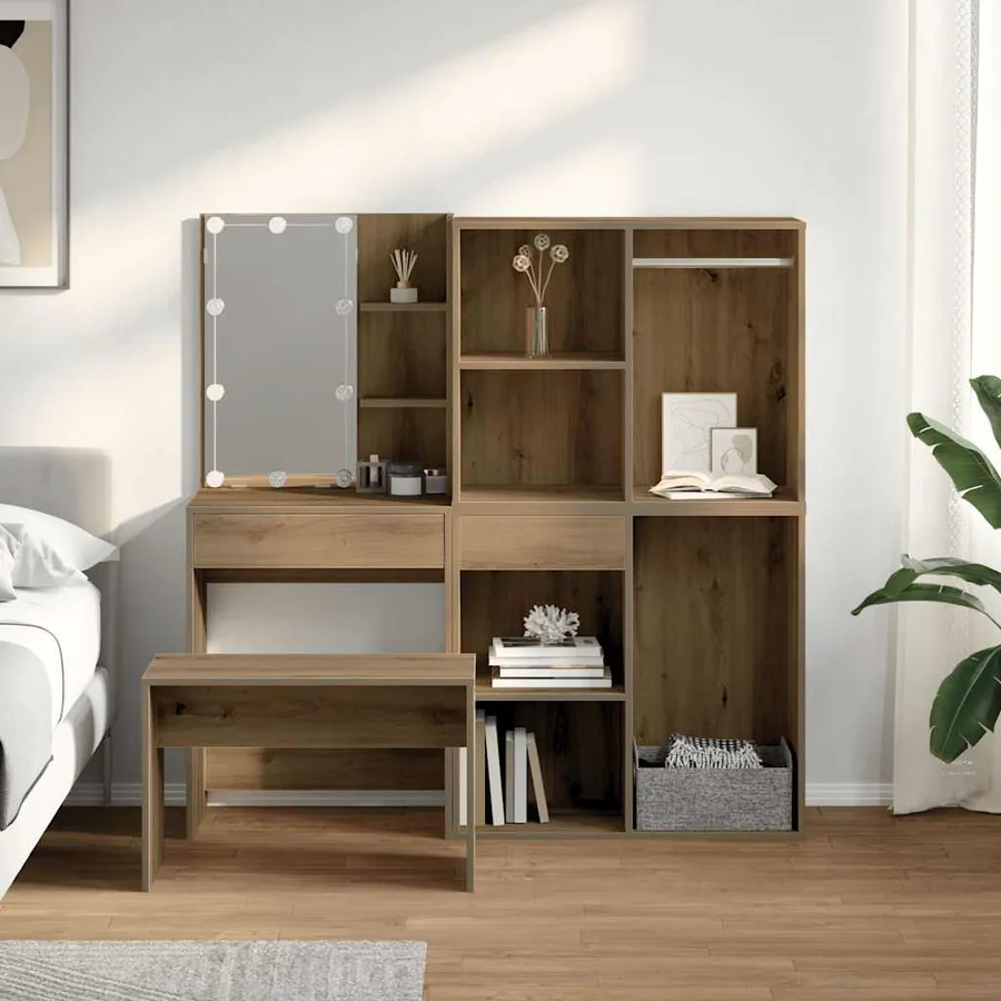 Ensemble de coiffeuse avec LED chêne artisanal bois ingénierie - 3