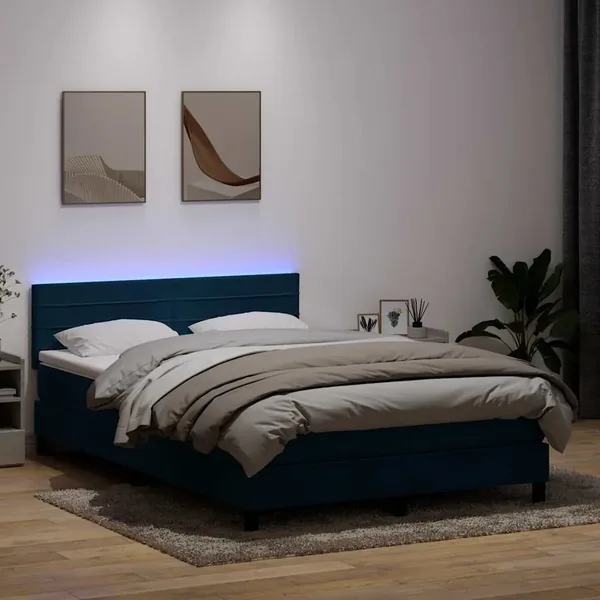 Sommier à lattes de lit et matelas et LED Bleu foncé 160x220cm Velours