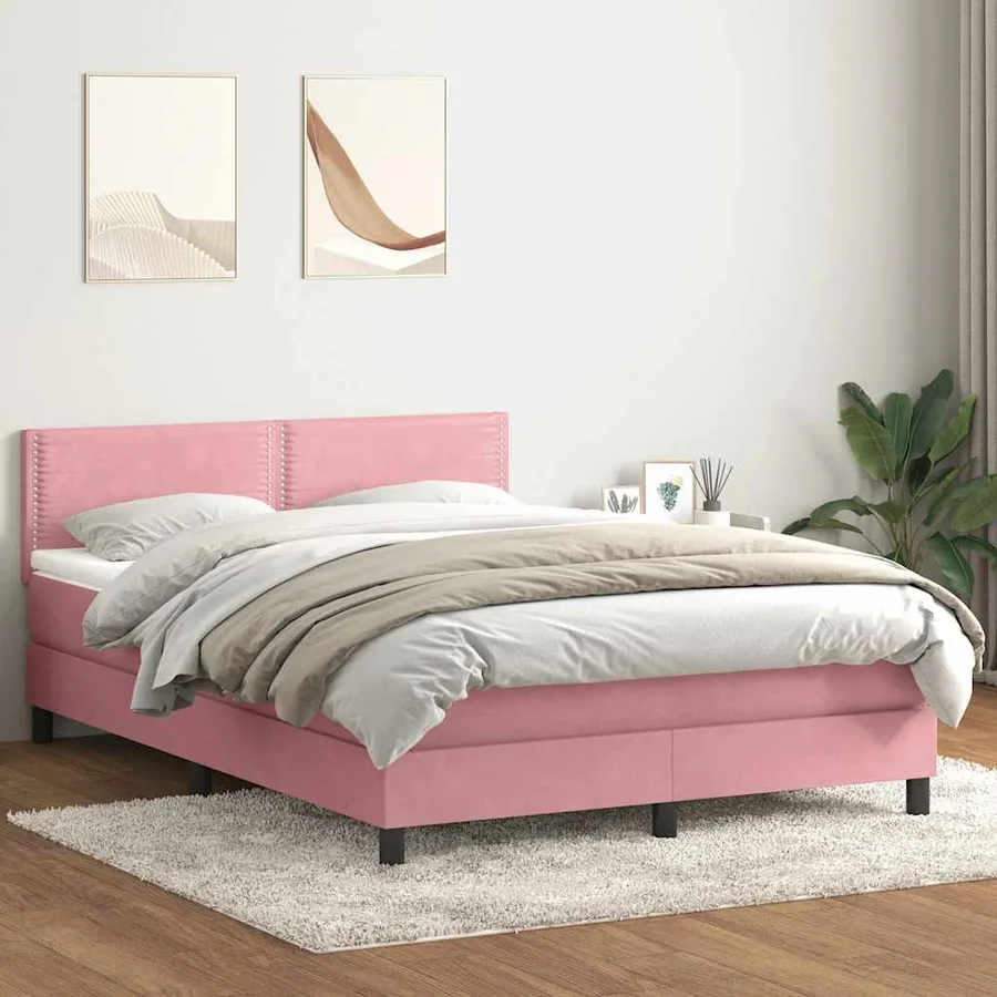 Sommier à lattes de lit avec matelas et LED rose 160x220 cm velours - 4