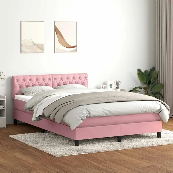 Sommier à lattes de lit avec matelas et LED rose 140x220 cm velours