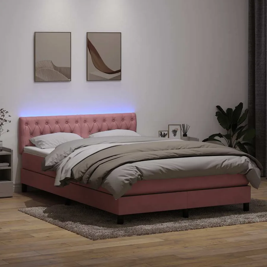 Sommier à lattes de lit avec matelas et LED rose 140x220 cm velours - 4