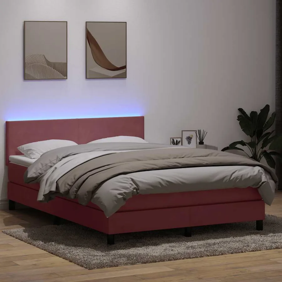 Sommier à lattes de lit avec matelas et LED rose 140x220 cm velours - 4