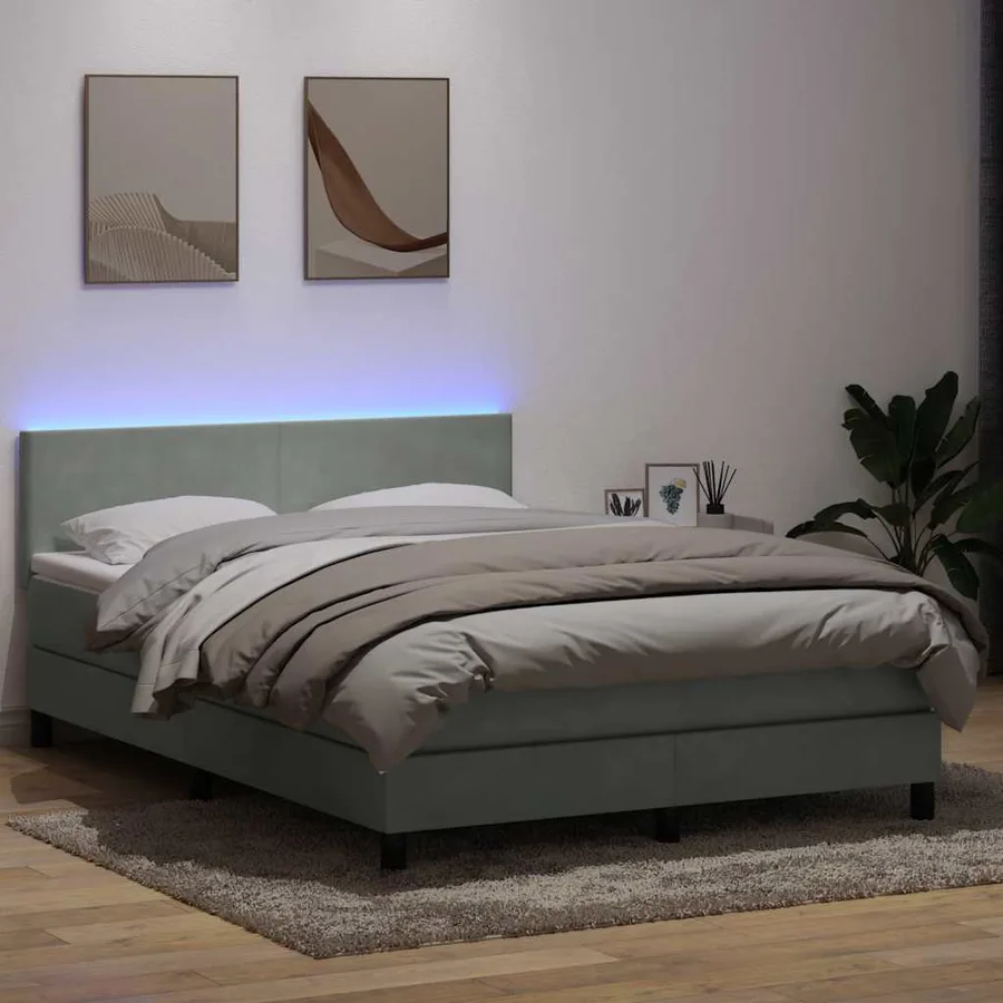 Sommier à lattes de lit et matelas et LED gris clair 140x220cm velours - 4