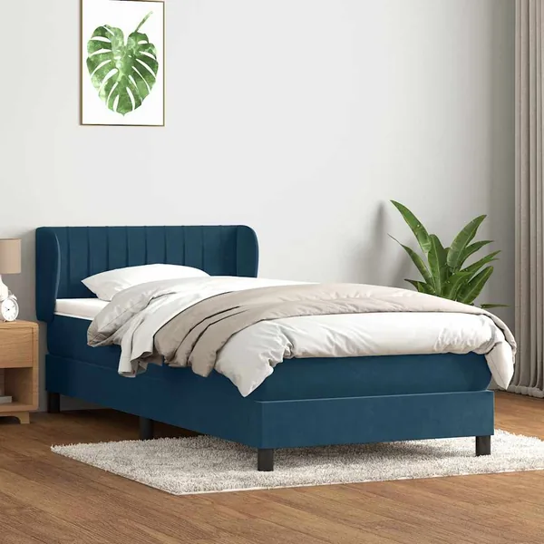 Sommier à lattes de lit et matelas bleu foncé 100x220cm velours